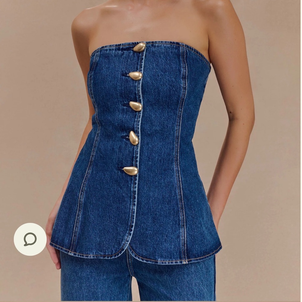 NWT Meshki Lennox Blue Denim Strapless Top with Gold Accents
